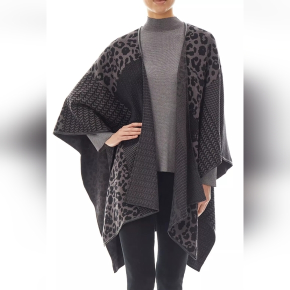 Ming Wang Sweaters - Ming Wang Gray Black Mixed Pattern Wrap Sweater Poncho Cardigan One Size OS Soft